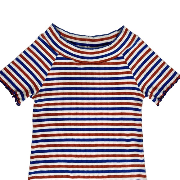 Cute 60s / 70s Colored Striped Lettuce Trim Casual Blouse Top XS - Picture 3 of 6